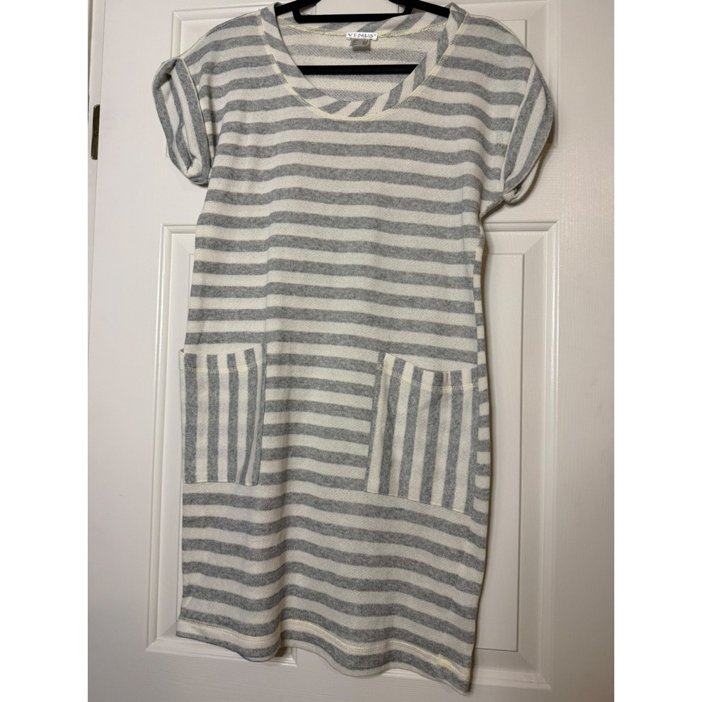 Venus Striped French Terry T-Shirt Dress Grey White Short Sleeve Pockets Small
